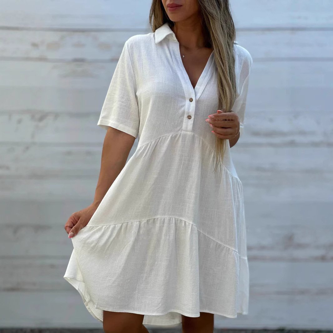 Women's loose, plain, casual short-sleeved polyester dress with lapels