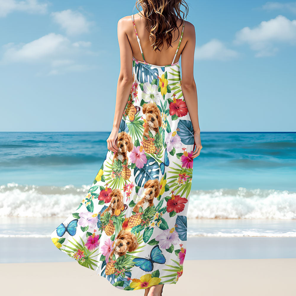 Custom Dog Photo Tropical Women's V-Neck Cami Maxi Dress HO82 893604