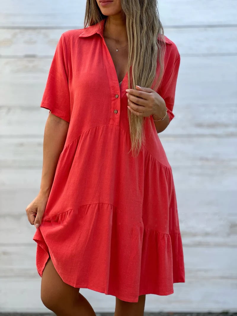 Women's loose, plain, casual short-sleeved polyester dress with lapels