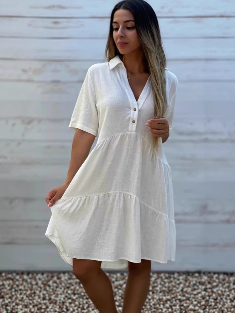 Women's loose, plain, casual short-sleeved polyester dress with lapels
