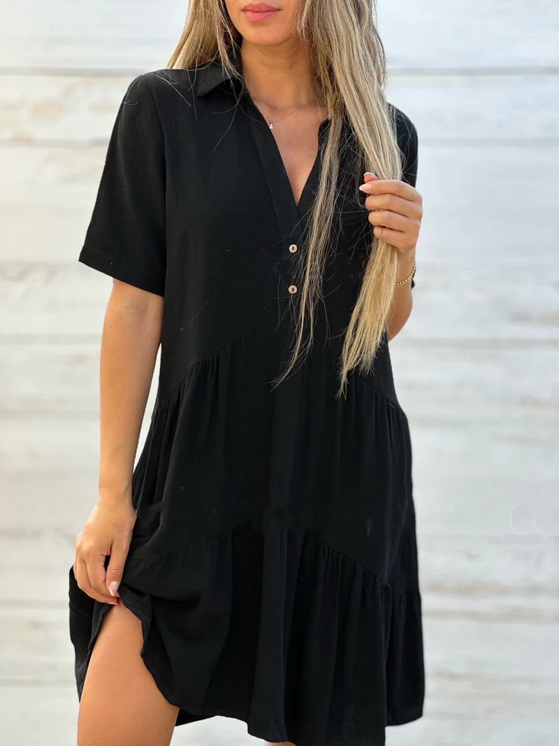 Women's loose, plain, casual short-sleeved polyester dress with lapels