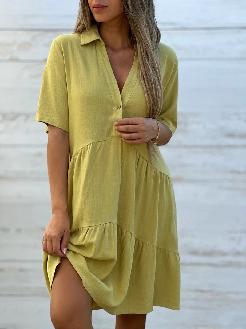 Women's loose, plain, casual short-sleeved polyester dress with lapels
