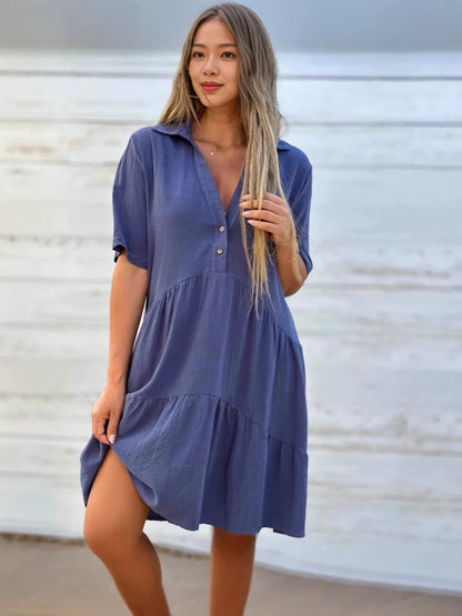 Women's loose, plain, casual short-sleeved polyester dress with lapels
