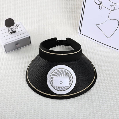 Sun hat with fan, hollow top, large brim, three-level adjustable