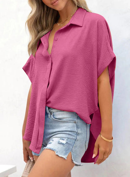 🧥Women's Casual Button Short Sleeve Slit Hem Shirt Solid Color Tops