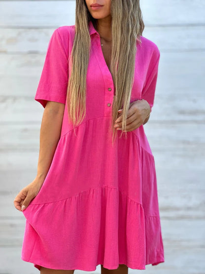 Women's loose, plain, casual short-sleeved polyester dress with lapels