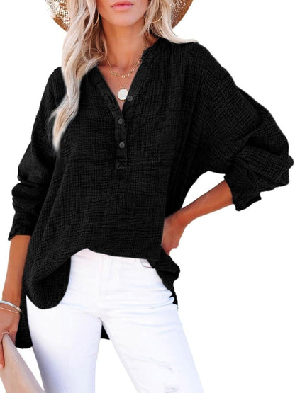 🔥Womens Casual Button V Neck Long Sleeve Shirts Oversized Solid Blouses Tops