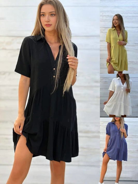 Women's loose, plain, casual short-sleeved polyester dress with lapels