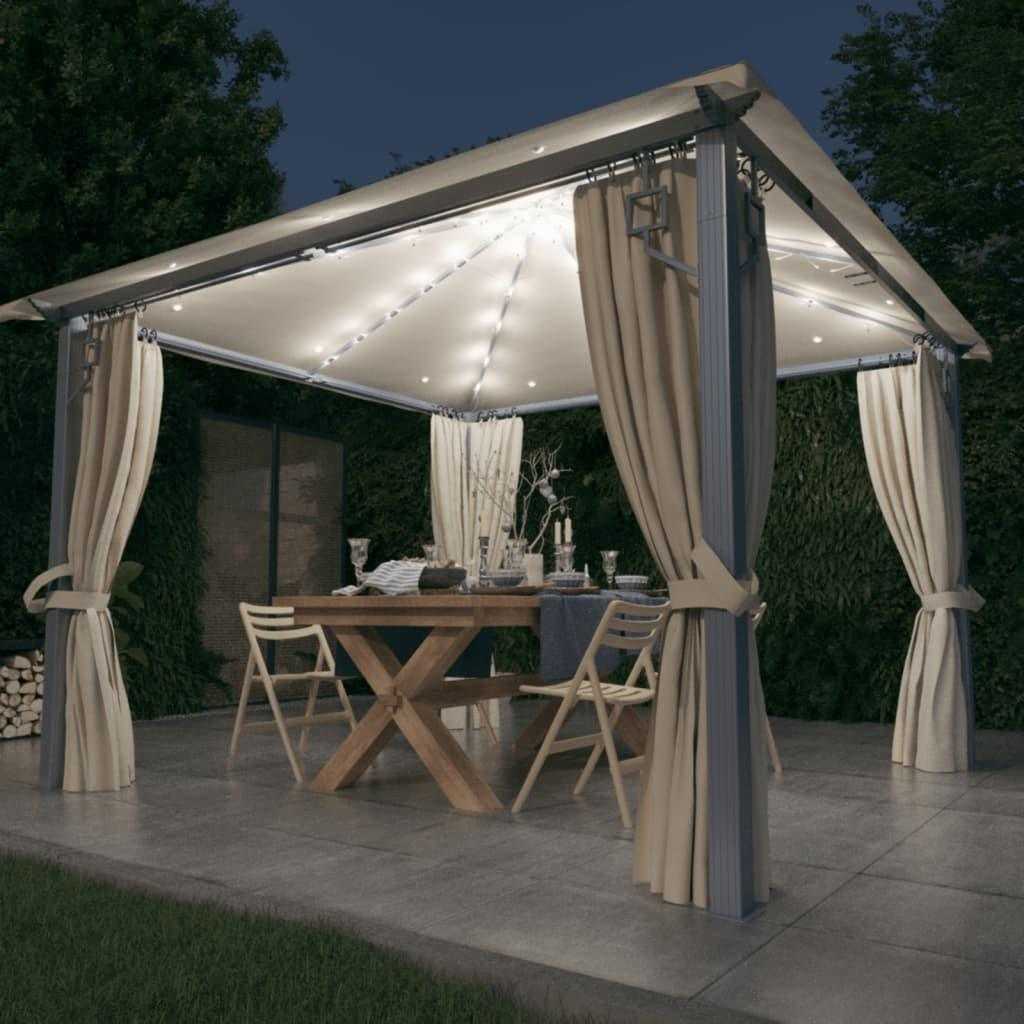 Pavillon mit Vorhängen & LED-Lichterkette 300x300 cm Creme Alu - Wifese